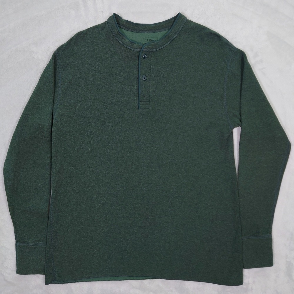 LL Bean River Driver Henley Shirt Men L Wool Blend Two Layer Green Canada Made